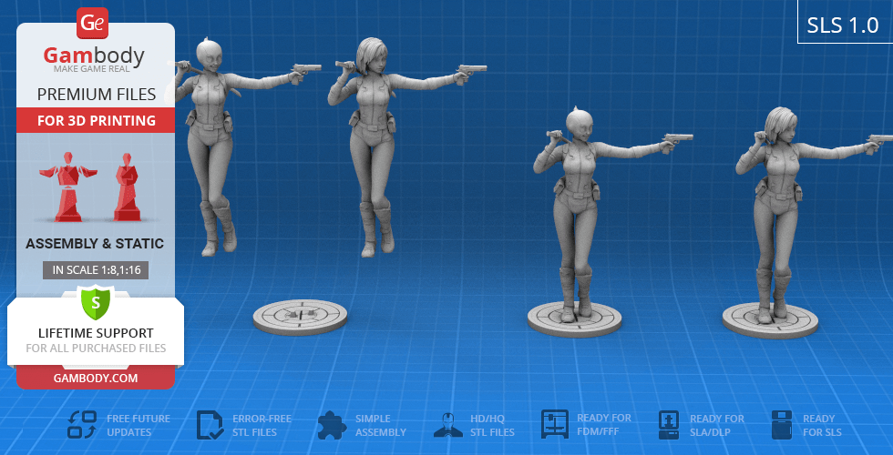 A 3D model of a female character in action poses, holding guns, presented for 3D printing.