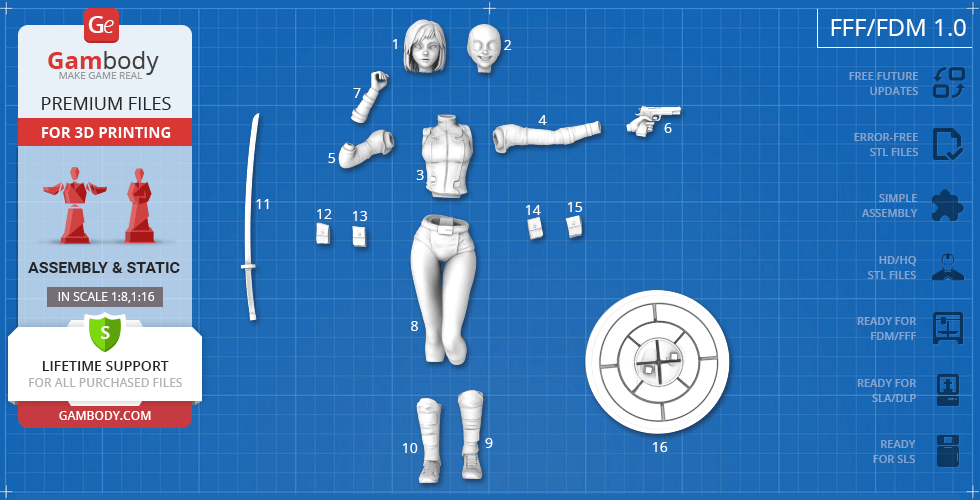 The image shows 3D printable parts of a character with a sword, gun, head, torso, arms, legs, and a shield.