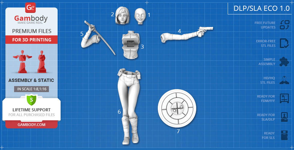 3D printable Gwenpool model components: head, torso, arms, legs, gun, and shield.