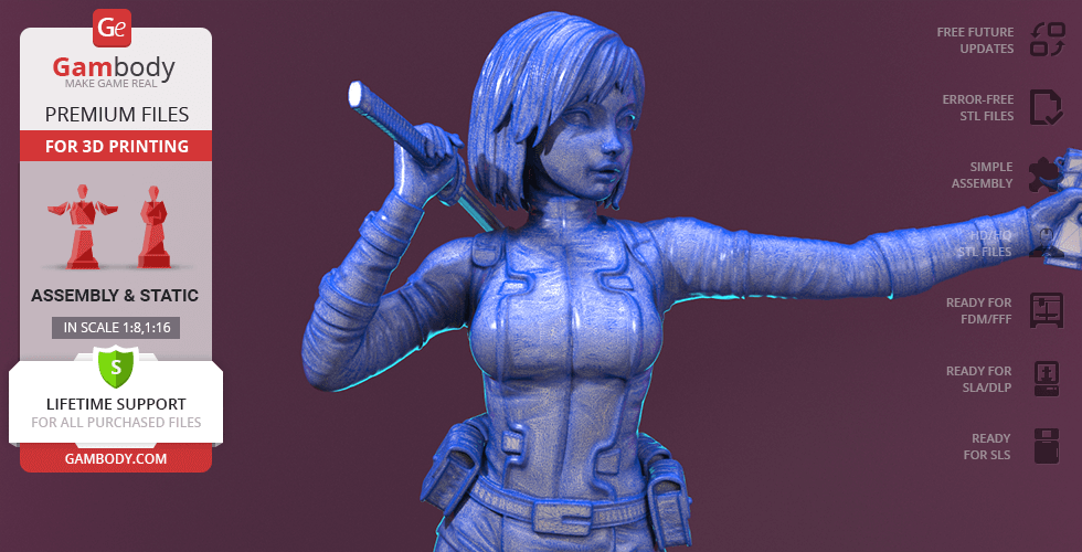 3D model of a female character in action pose, ready for 3D printing, by Gambody.
