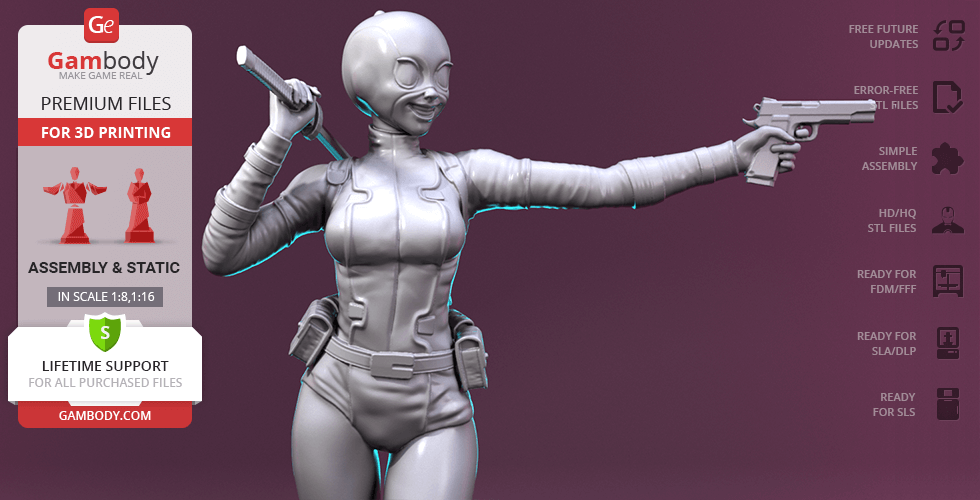 3D model of a superhero in action pose, wearing a mask and holding a gun, for 3D printing.