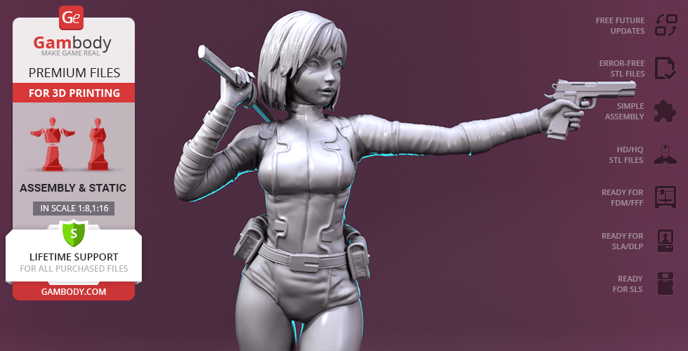 3D model of Gwenpool in dynamic pose, holding a gun and a sword, ready for 3D printing.