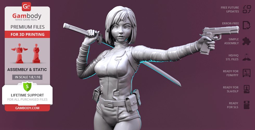 3D model of Gwenpool with a sword and gun, detailed for 3D printing, posed dynamically.