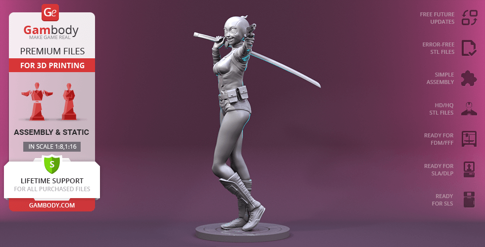 A 3D printed model of a dynamic superheroine with a sword, wearing a form-fitting outfit and boots.