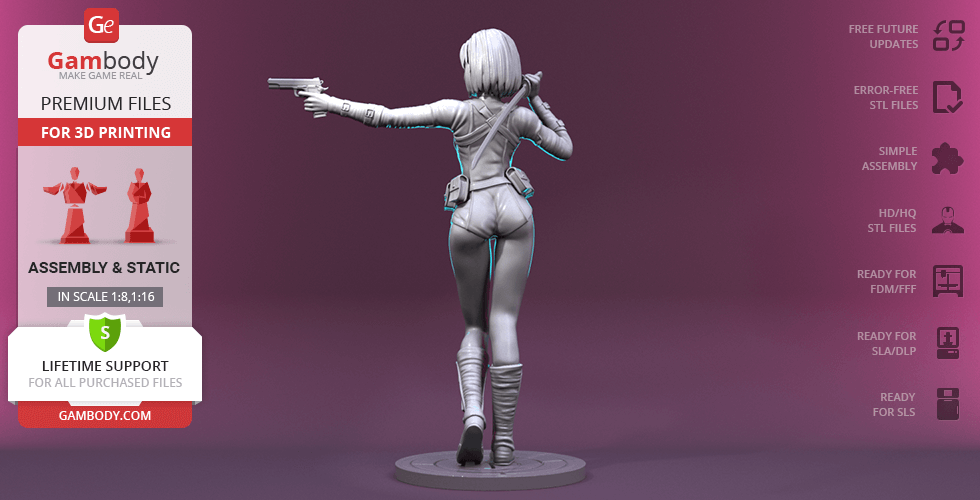 3D model of a female character in action pose, pointing a gun, with detailed outfit and accessories.