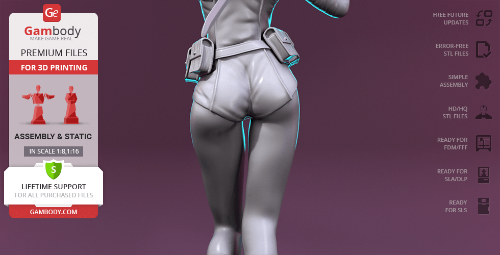 A 3D model view of a character in a skin-tight suit with a utility belt, showcased for printing.