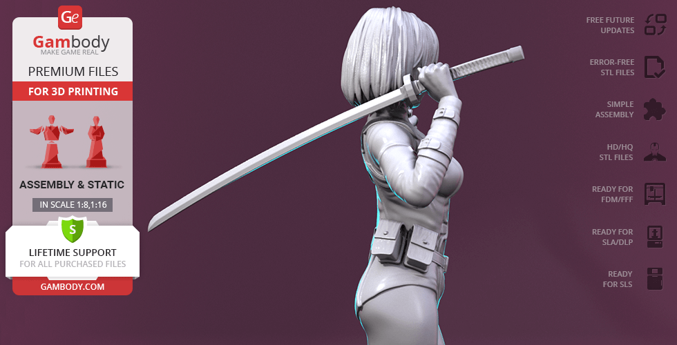 A 3D model of a female character holding a katana, designed for printing.