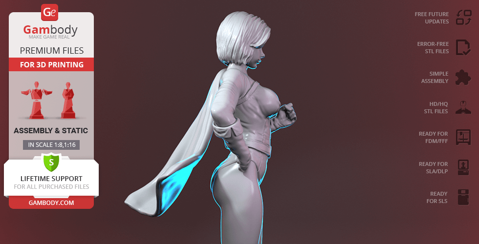 3D model of a superheroine in a dynamic pose, wearing a cape, ready for 3D printing.