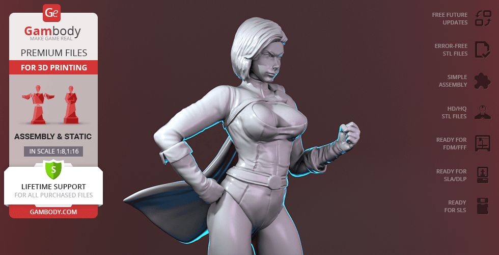 3D model of a superheroine in a dynamic pose, wearing a cape and form-fitting outfit, for 3D printing.
