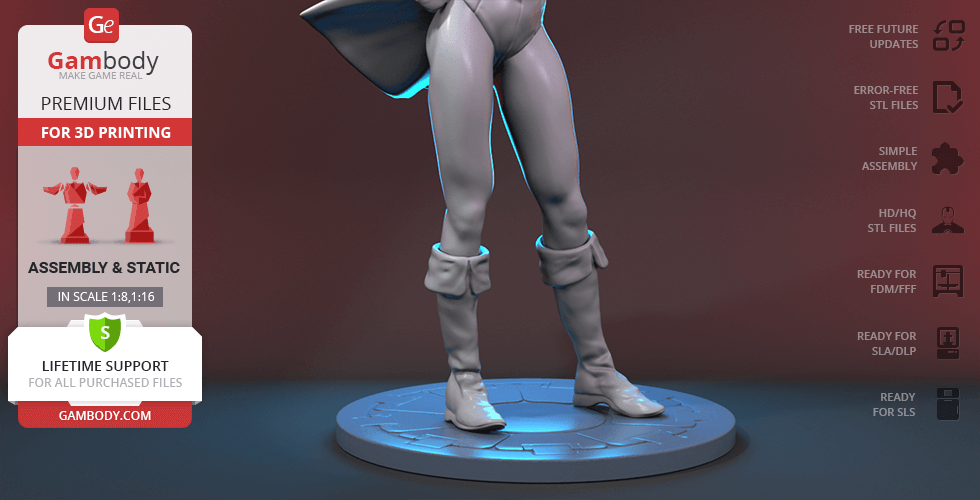 Upper body of a superheroine in a leotard and boots, posed standing on a round base.