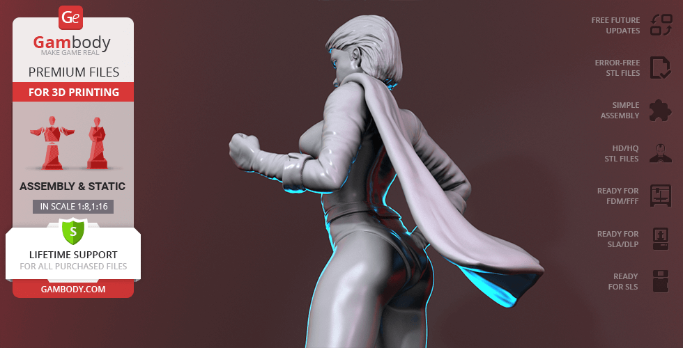 3D model of Power Girl in a dynamic pose with cape, ready for 3D printing.
