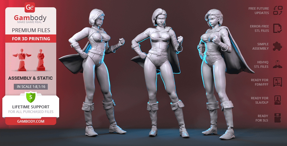 3D model of a confident superheroine in a dynamic pose with a cape, designed for 3D printing.