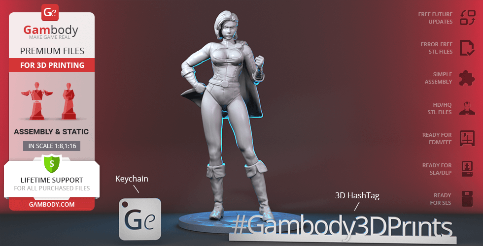 3D model of Power Girl standing confidently in superhero attire, designed for 3D printing.