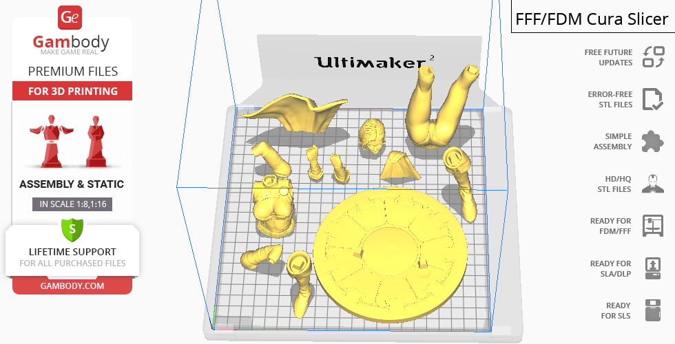3D printer model parts for assembling a figure, organized on a virtual print bed.