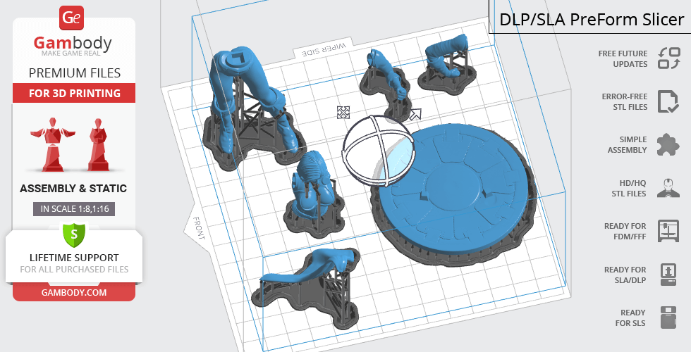 3D printing layout for Power Girl model parts, including base and character components, on a grid platform.
