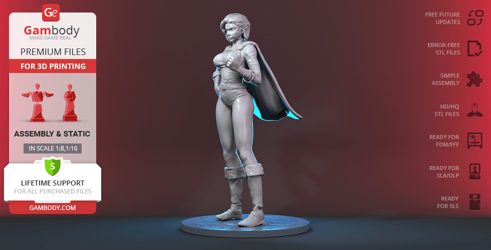 3D model of a superheroine in a powerful stance, wearing a cape and bodysuit, ready for 3D printing.
