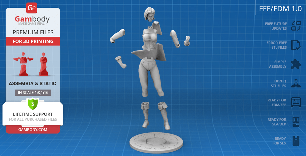 3D printable model of a superheroine in assembly pieces on a round base.