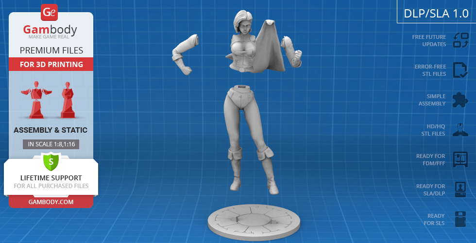 3D model of Power Girl with assembled parts, standing on a round base, ready for printing.