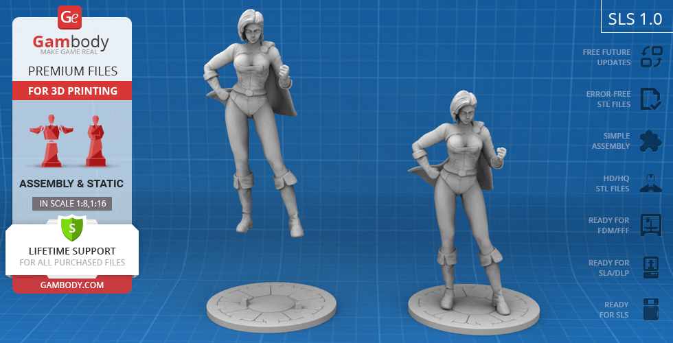 3D model of a superheroine in a confident stance with a cape, designed for printing.
