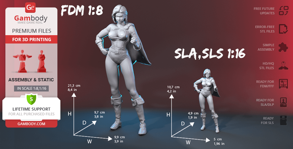 3D model of a superheroine in a cape, set for 1:8 and 1:16 scales, ready for 3D printing.