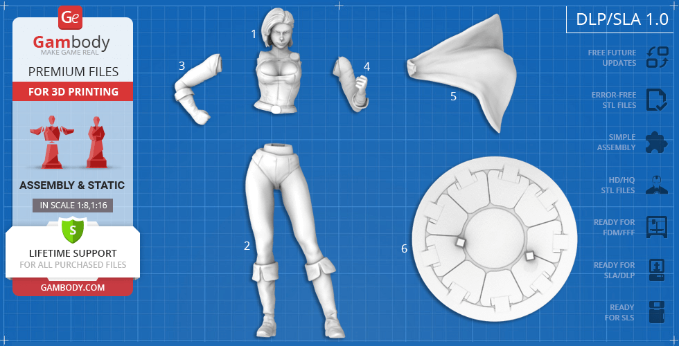 3D model parts for Power Girl Karen Starr, including torso, arms, legs, cape, and base on a blueprint background.