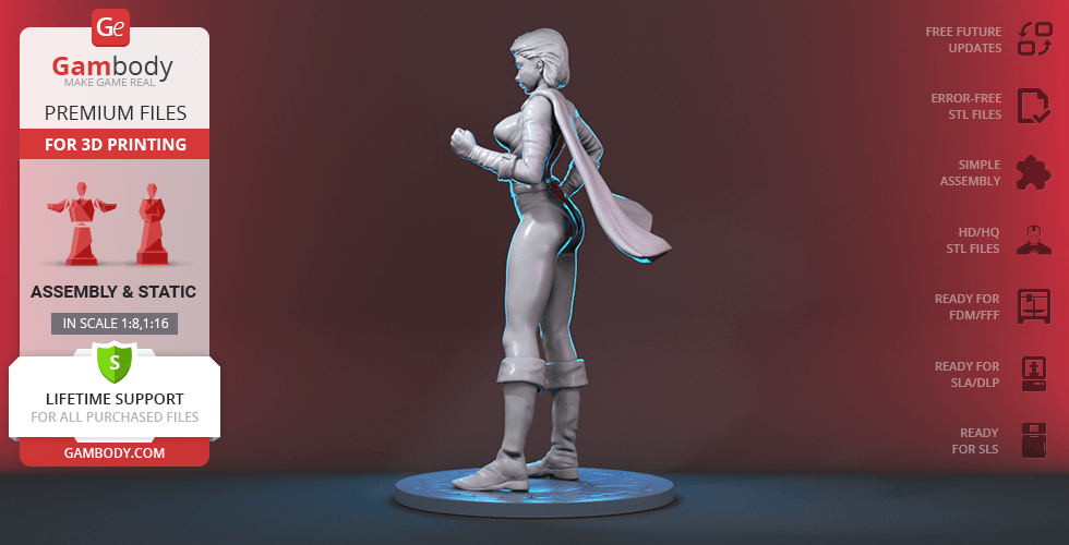 A 3D model of Power Girl in a heroic pose, designed for 3D printing, with a detailed costume and cape.