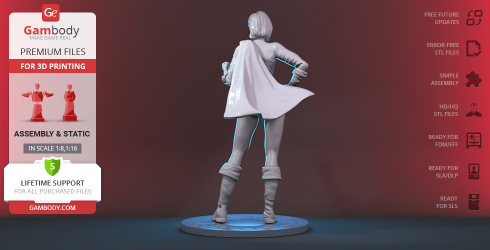 A 3D model of a superheroine in a dynamic pose, wearing a cape and boots, designed for 3D printing.