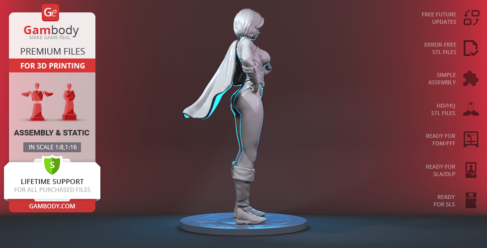 3D model of a superhero figure in a powerful pose with a cape, designed for 3D printing.