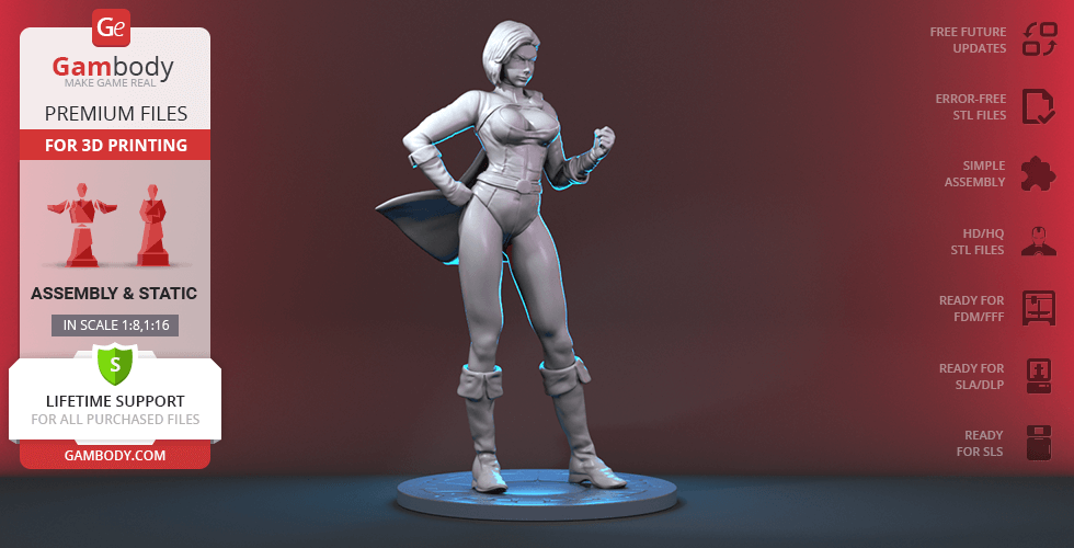 3D model of a superheroine in a confident pose with short hair and a cape, designed for 3D printing.