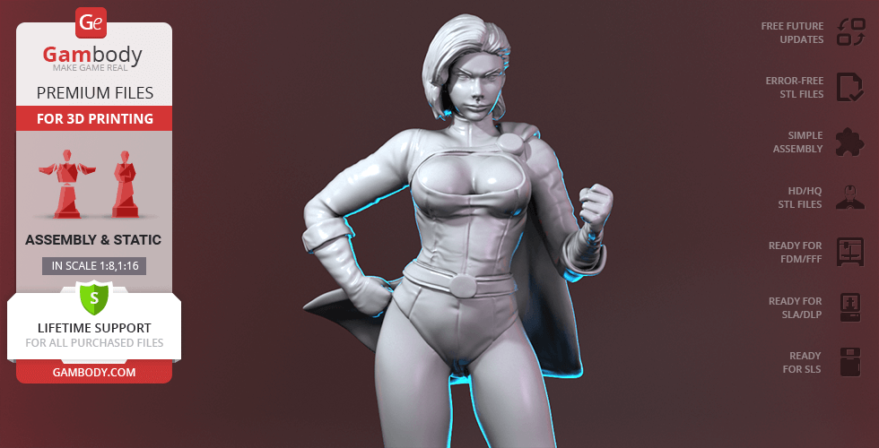 3D model of a confident superheroine in a dynamic pose, wearing a suit with a cape and belt.