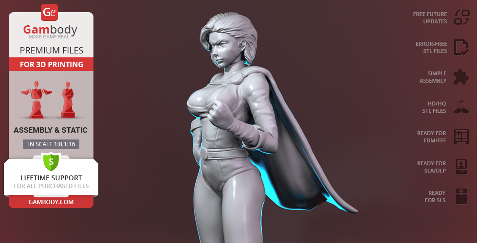 A 3D printed model of a superheroine, standing confidently with a cape, in a dynamic pose.