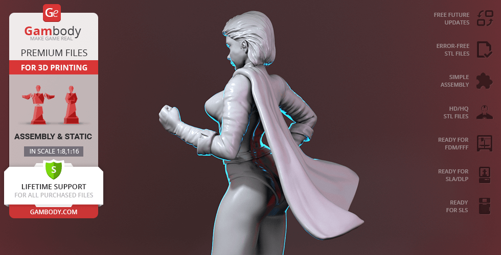 3D model of a superheroine with a flowing cape, shown in a dynamic pose, ready for printing.