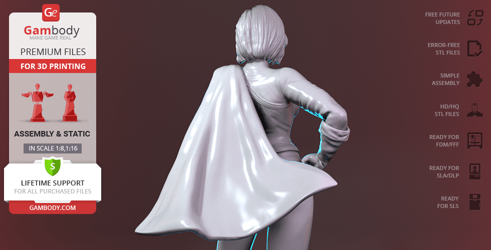 3D model of a superheroine in a cape, viewed from the back, ready for 3D printing.