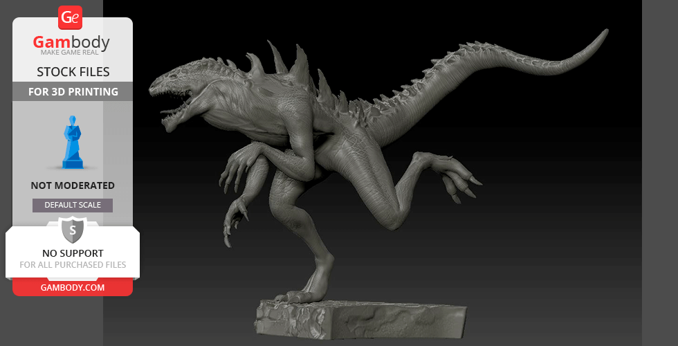 A 3D model of a dynamic, reptilian creature with spikes and a long tail, posed on a textured base.