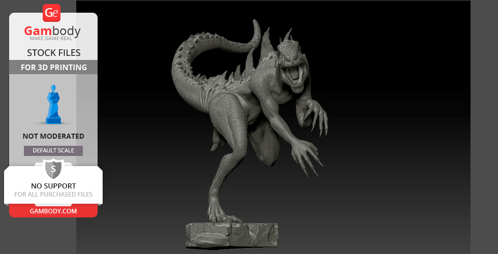 A detailed 3D Godzilla figurine STL model, poised dynamically on a base.