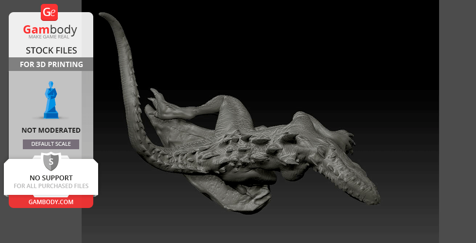 Godzilla 3D model for printing, displaying a textured side view with detailed scales and a long tail.