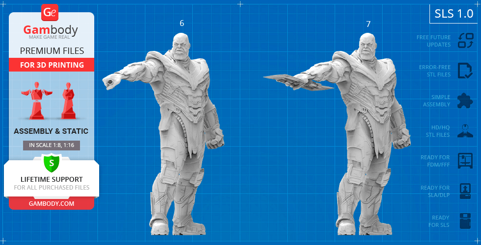 3D model of armored character posed with a clenched fist and outstretched arm on a blueprint backdrop.