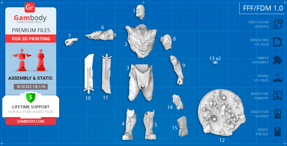 3D printable Thanos Endgame model pieces, including head, torso, arms, legs, and base, laid out for assembly.