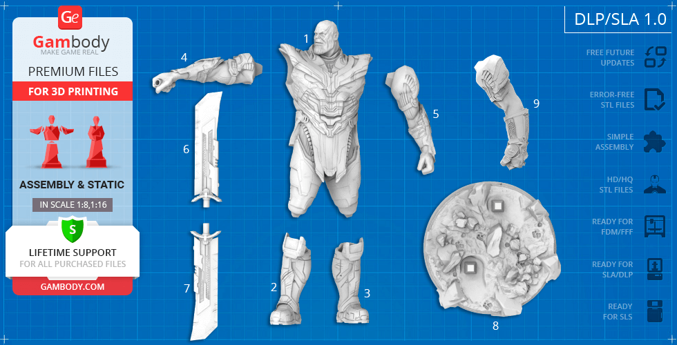 3D model parts of an armored figure with a sword, stand, and assembly details on a blue grid background.