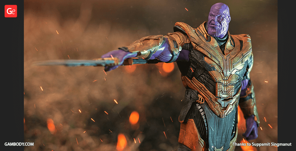 A detailed 3D model of a powerful armored figure holding a sword, set against a fiery background.