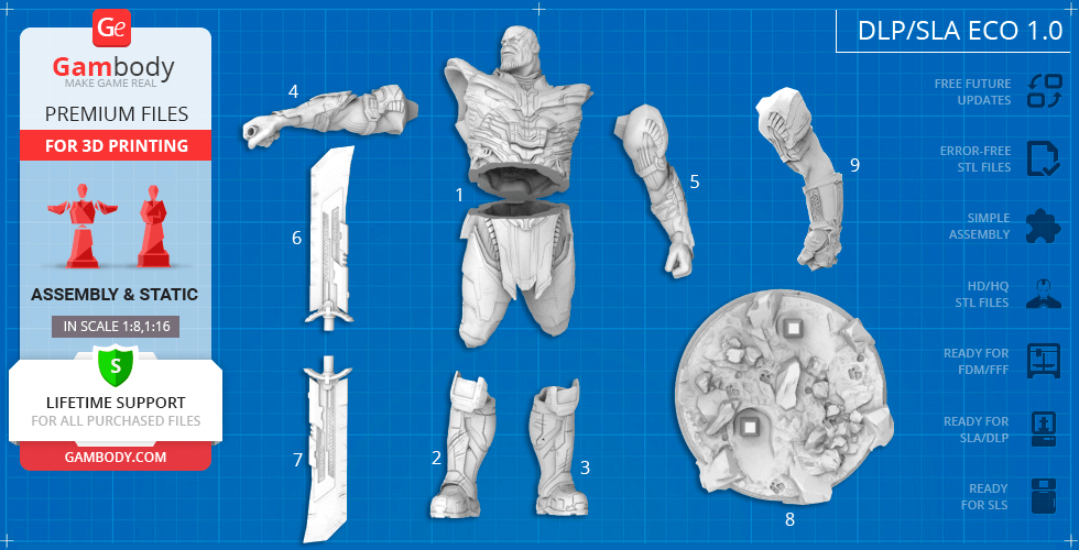3D printed Thanos model parts and base for assembly on a blue grid background.