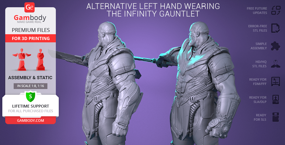 3D model of a muscular armored figure, holding a weapon and wearing a gauntlet, for 3D printing.