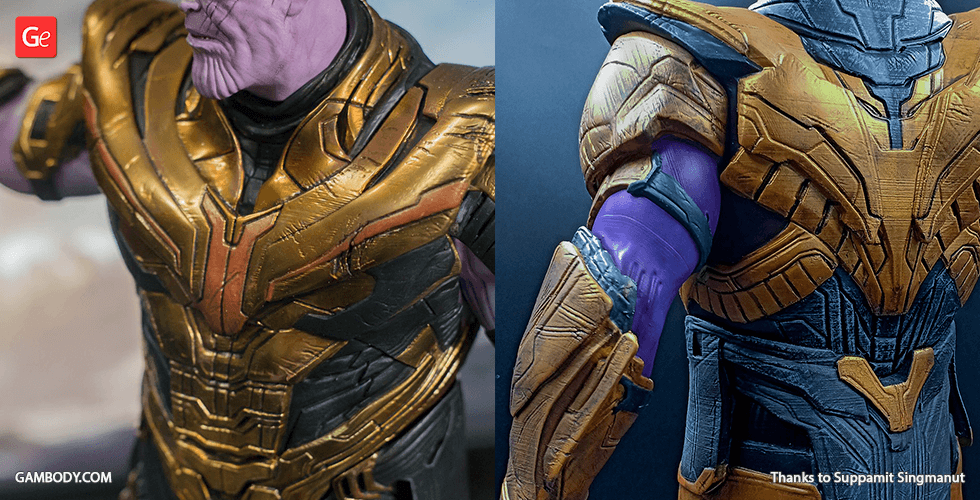 Detailed 3D print model of Thanos in gold armor, showcasing intricate textures and design.
