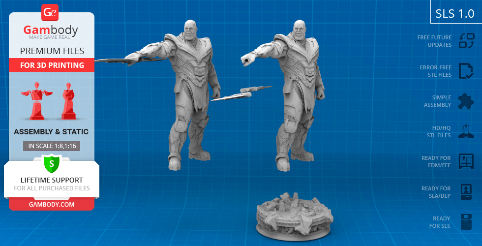 3D model of armored character holding a weapon, ready for printing, displayed on a blue grid background.