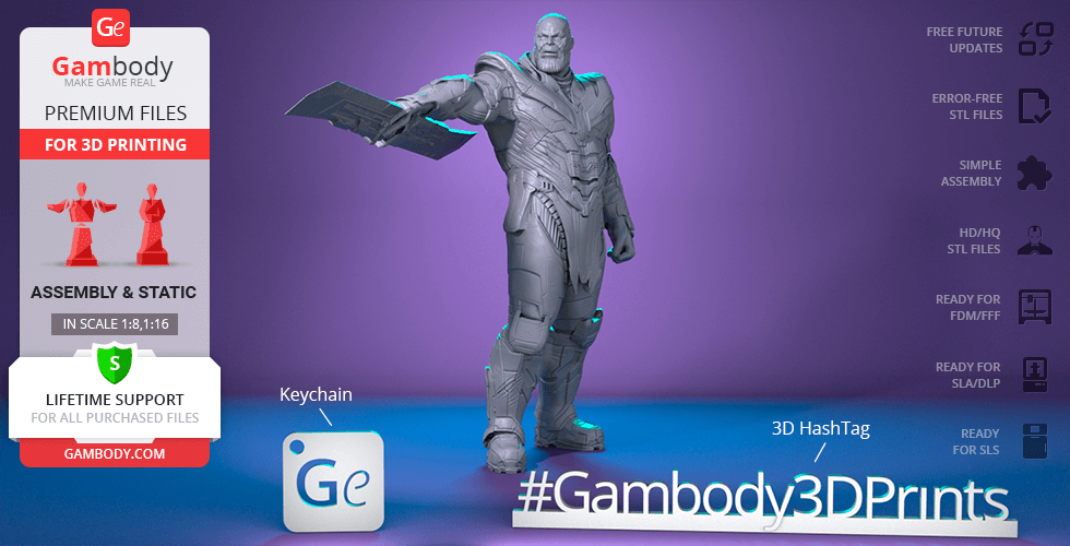 3D model of a standing armored figure holding a large blade, intended for 3D printing.