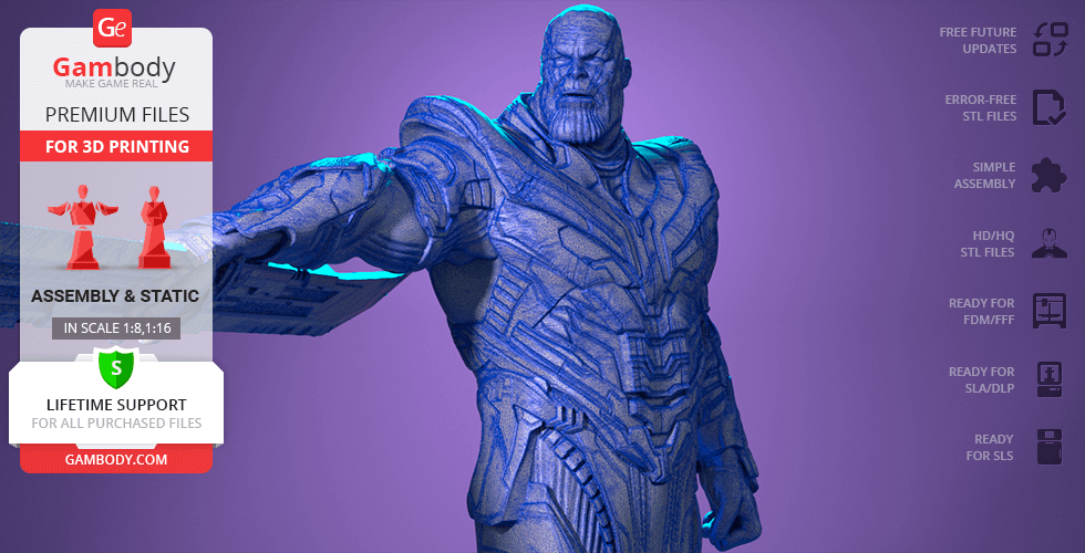 3D model of a muscular armored figure holding a large weapon, designed for 3D printing.