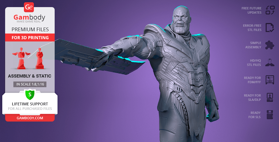 3D model of a muscular armored figure holding a large weapon, designed for 3D printing.