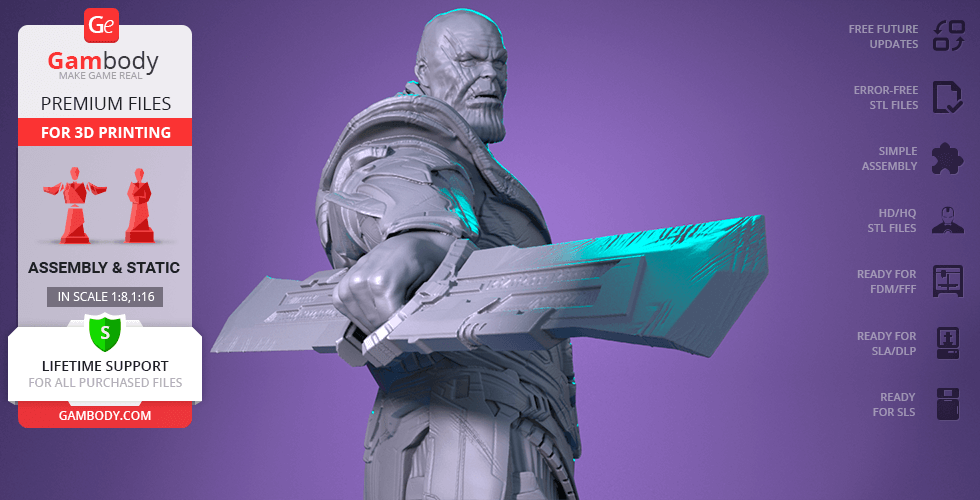 A 3D model of Thanos with armor and a large sword, designed for 3D printing.