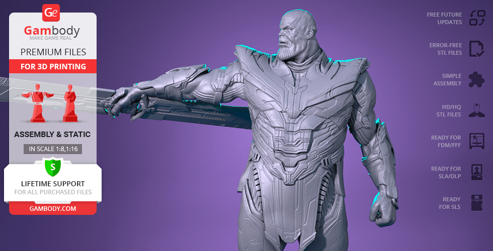 A detailed 3D model of a muscular armored figure holding a large weapon, ready for 3D printing.