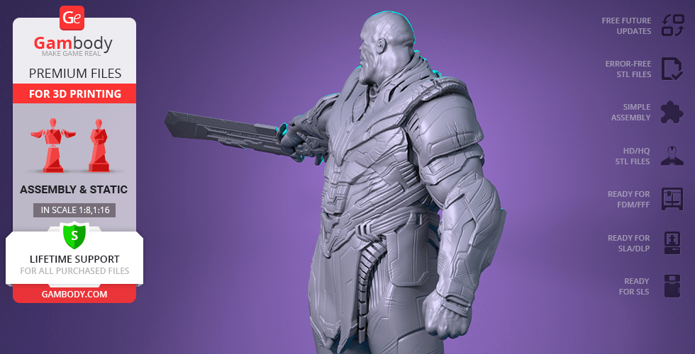 3D model of a muscular armored figure with a large weapon, designed for 3D printing.